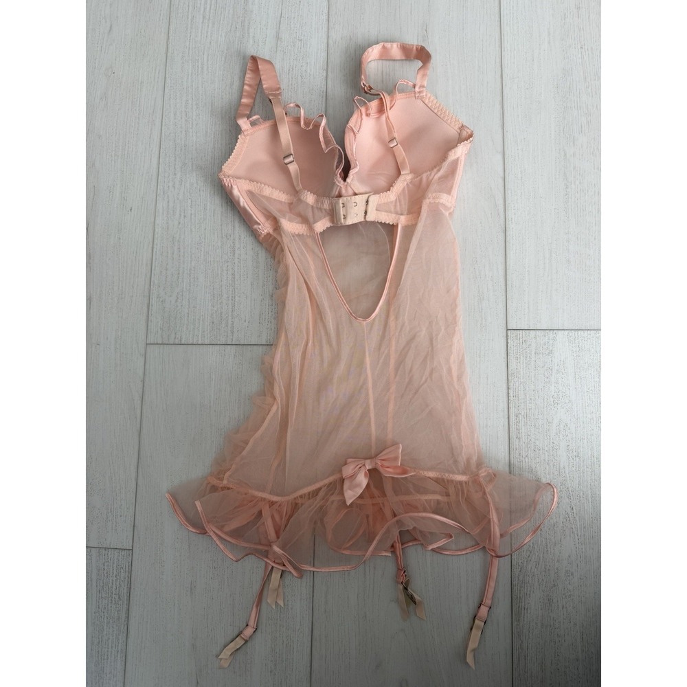 Victoria's Secret Sexy Babydoll Lingerie Sz 34D Peach Color Tulle Rhinestone Bow - Picture 4 of 7